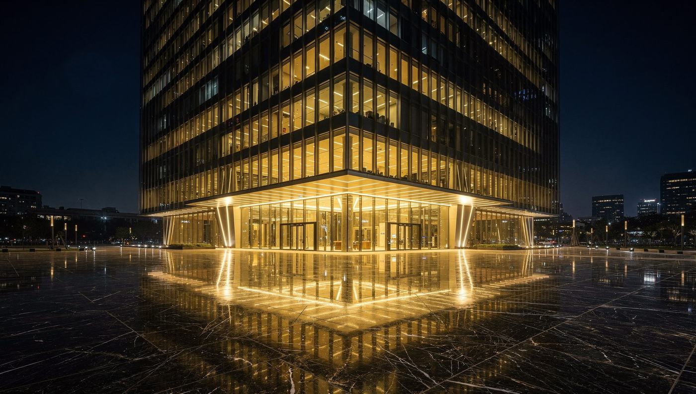 Edifício corporativo iluminado à noite