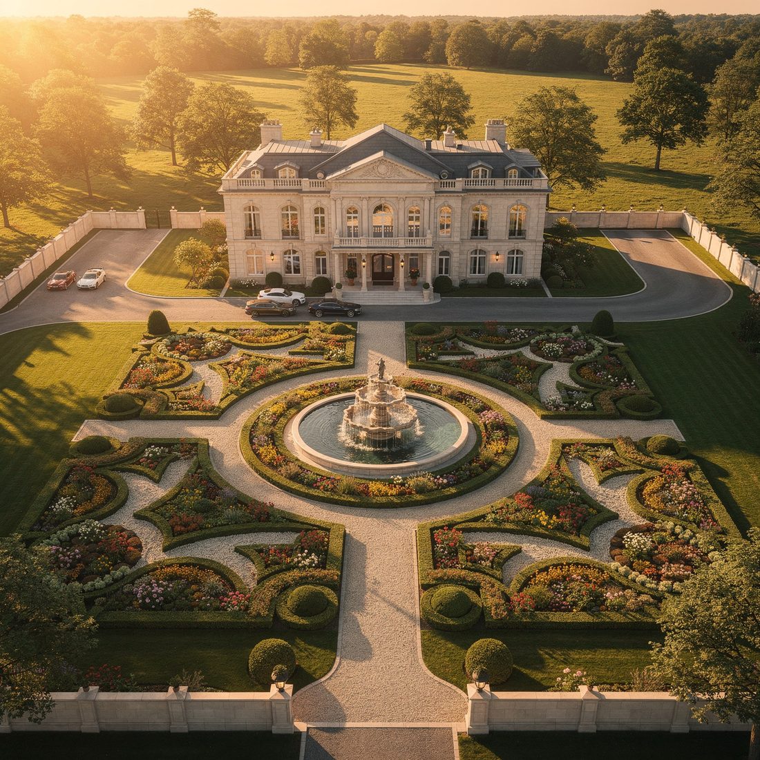Propriedade com jardins e arquitetura ao entardecer